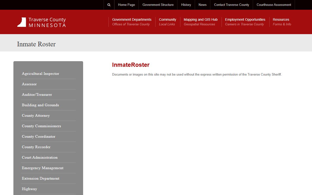 Traverse County inmate roster landing page